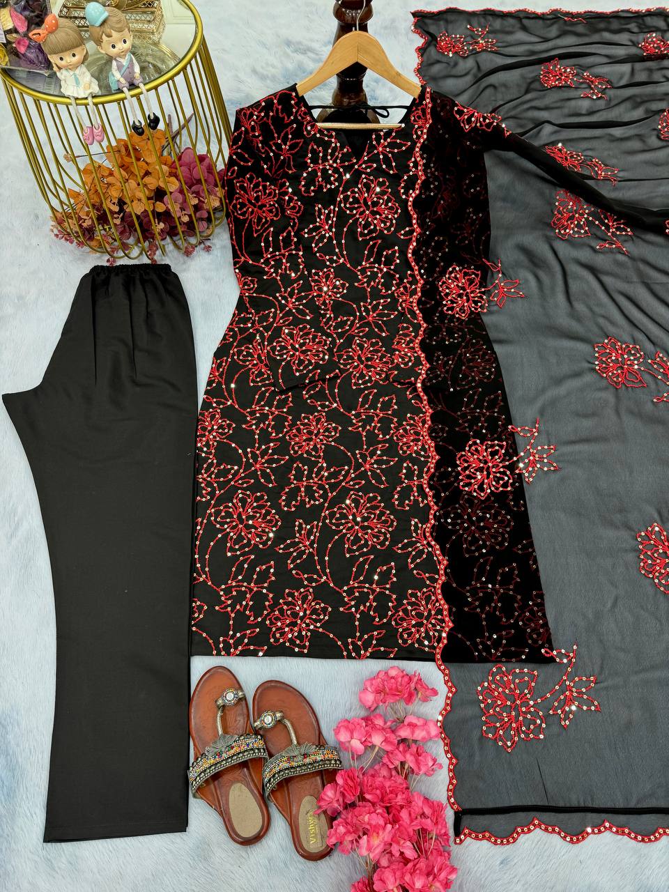 Roman Silk Embroidered Suit with Cutwork Dupatta