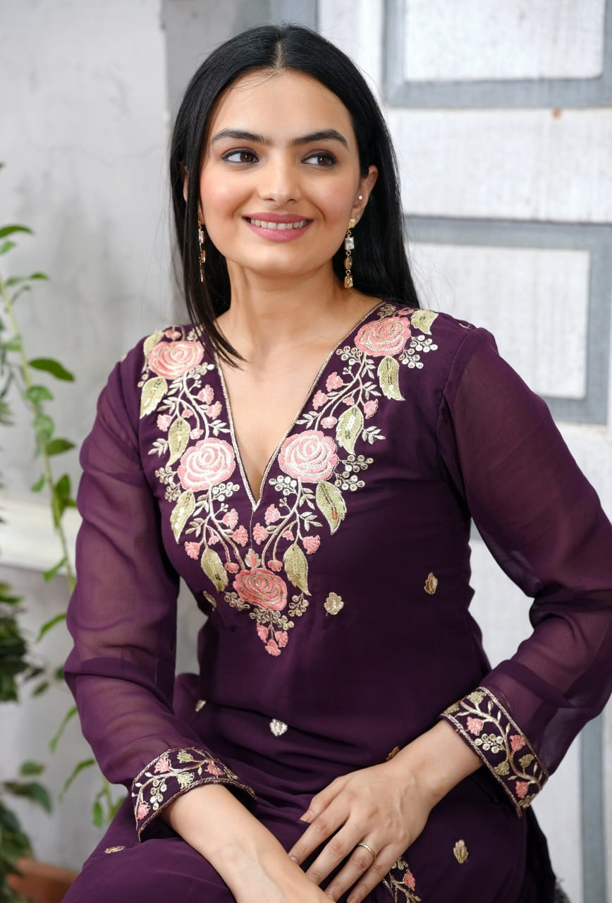 Elegant Embroidered Fox Georgette Suit Set