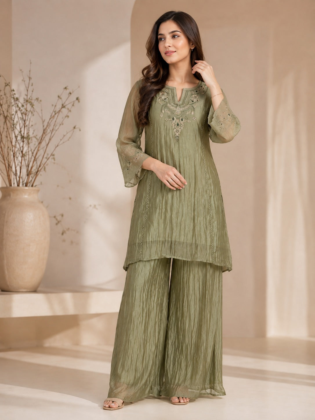 Women’s Salsa Silk Embroidered Sharara Palazzo Set with Dupatta | Stone & Coding Work | Festive & Wedding Wear