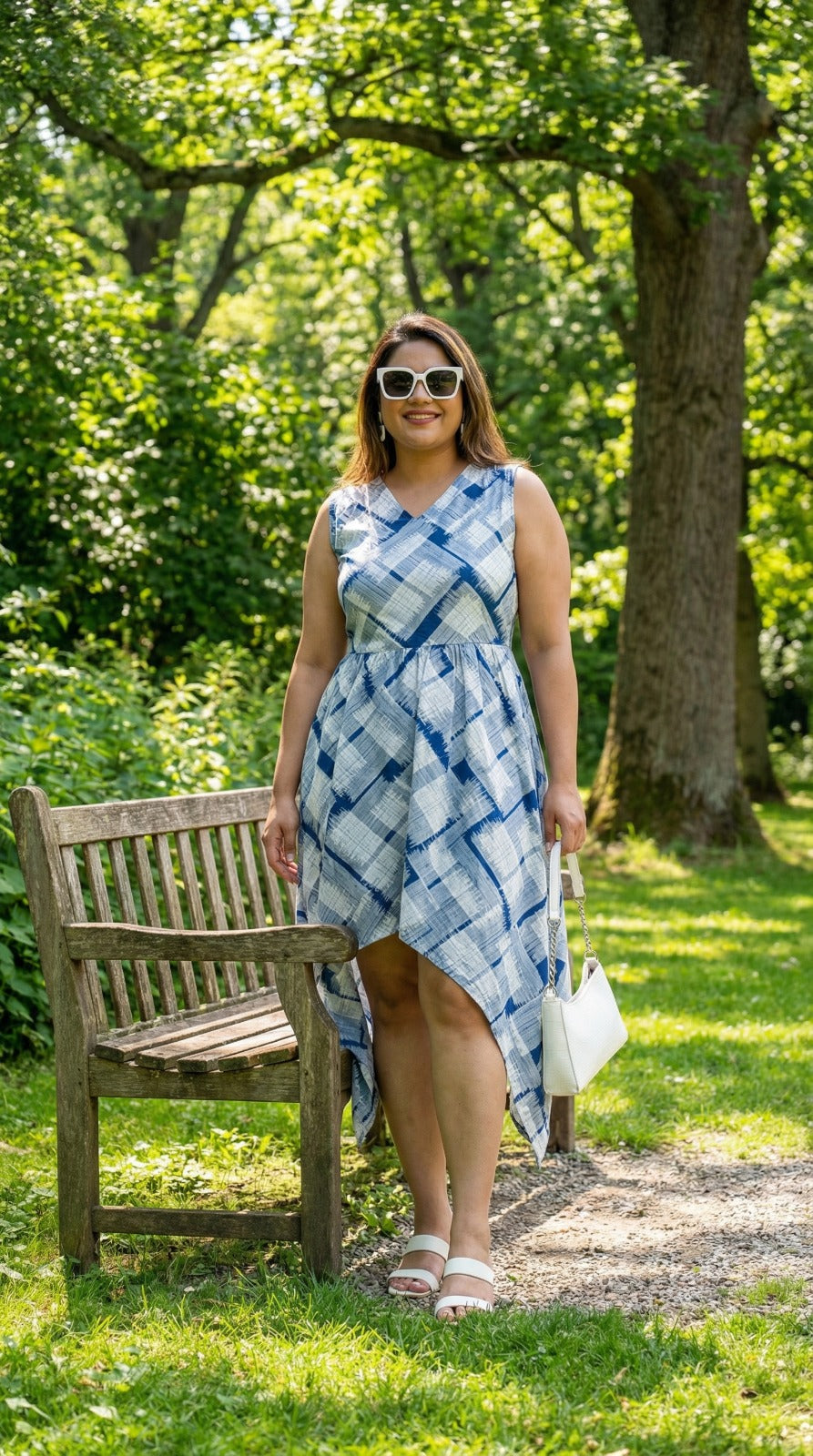 Stylish Asymmetrical Crepe Dress for Women – Sleeveless Check Print (S to XL)