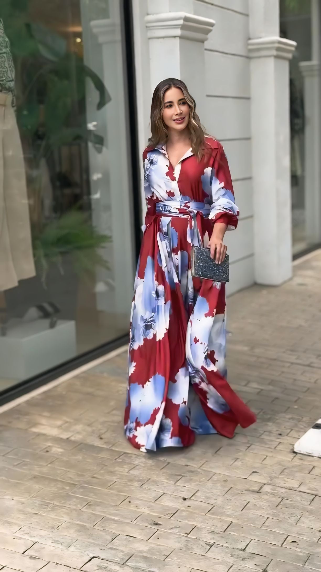 Luxe Floral Print Belted Maxi Shirt Dress