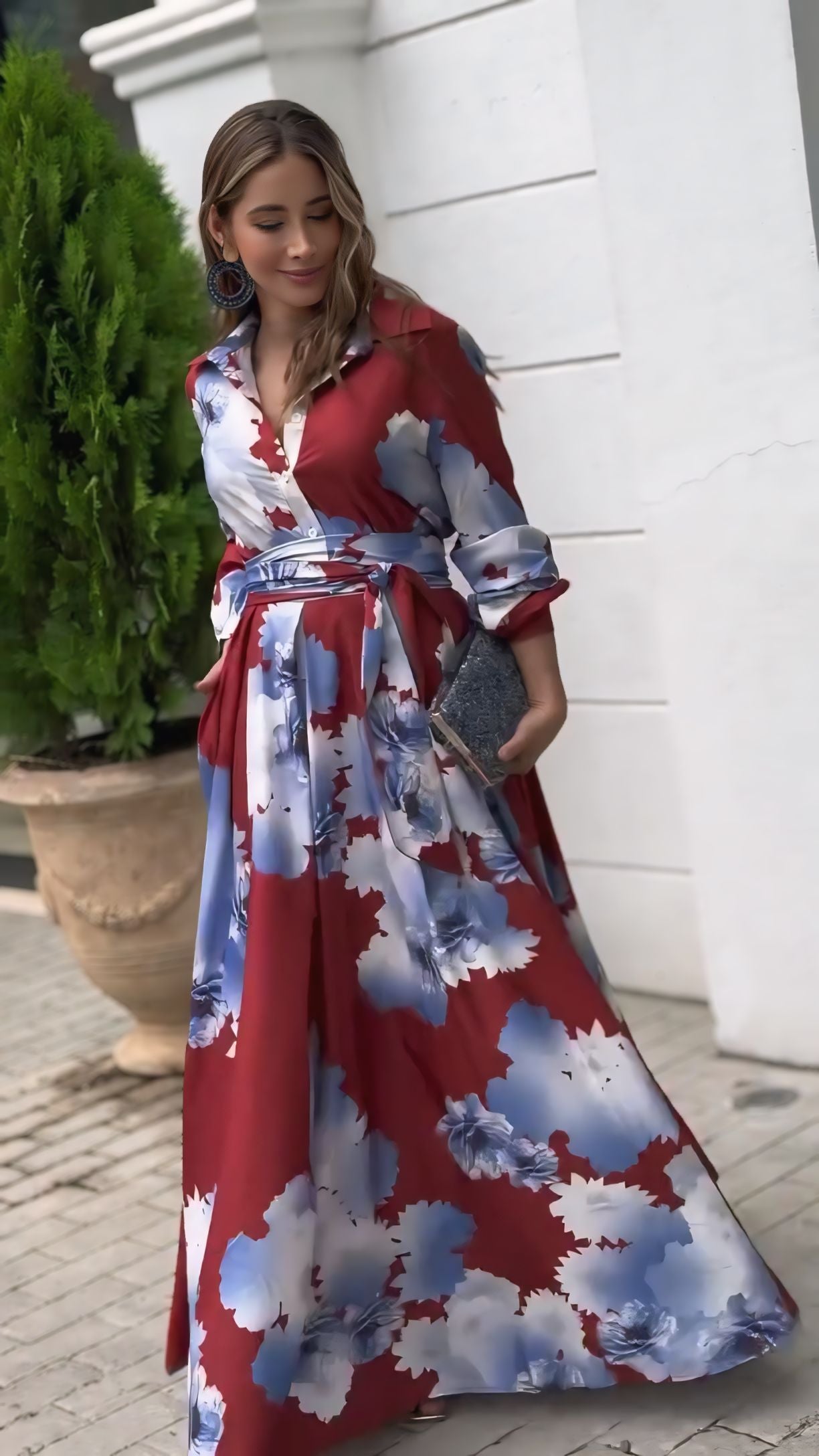 Luxe Floral Print Belted Maxi Shirt Dress
