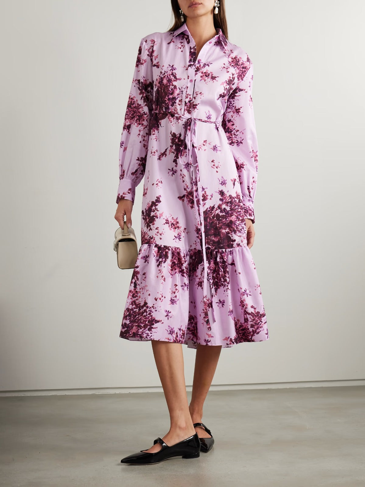 Elegant Lilac & Purple Floral Midi Shirt Dress