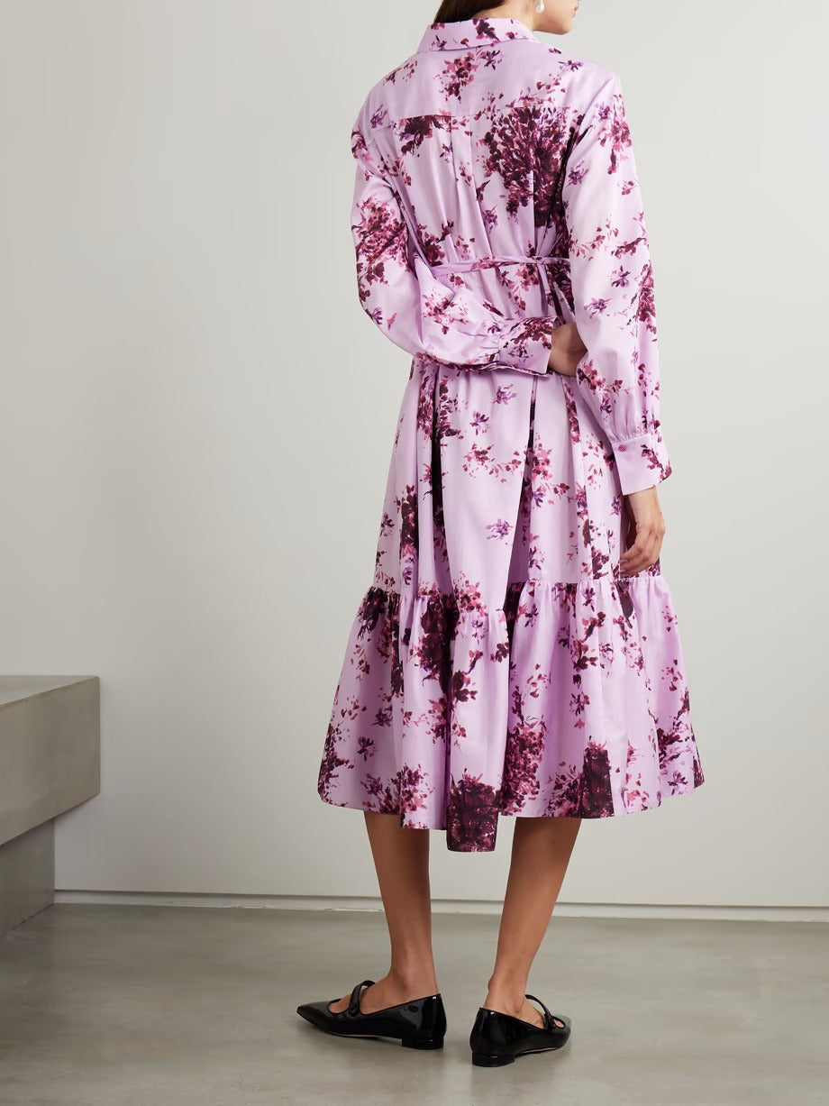 Elegant Lilac & Purple Floral Midi Shirt Dress