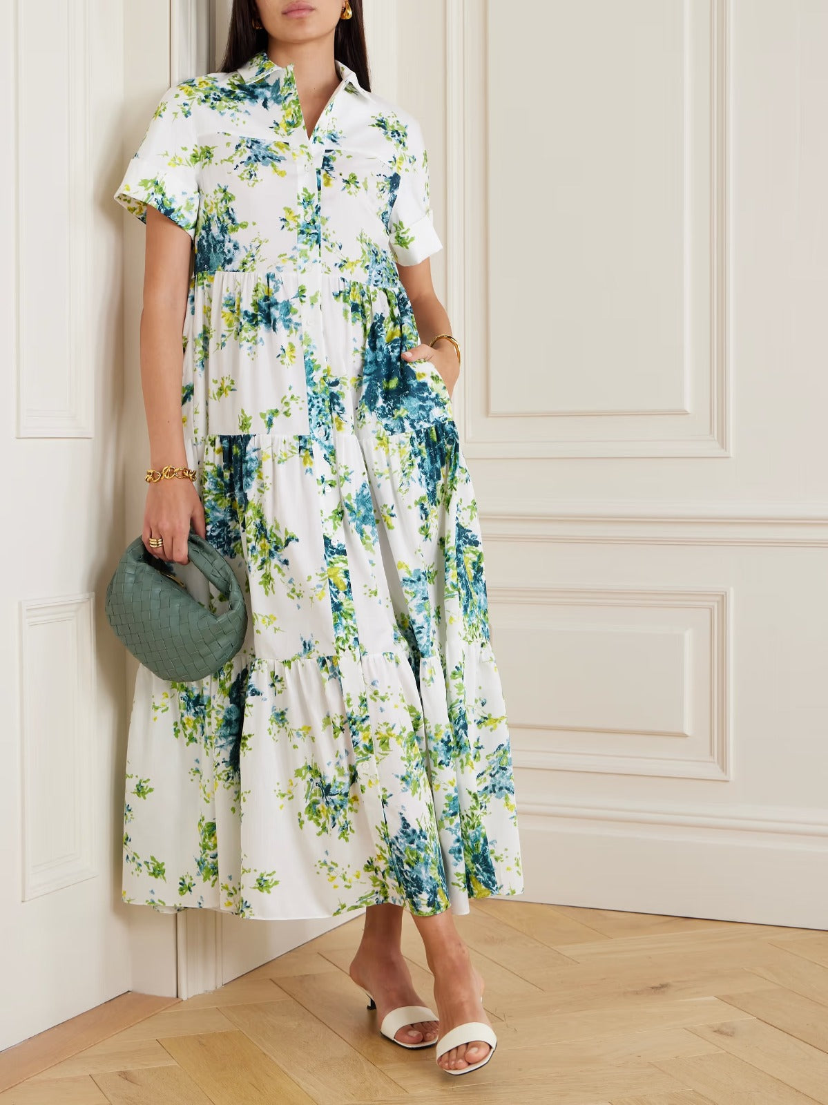 Elegant White & Green Floral Tiered Maxi Shirt Dress