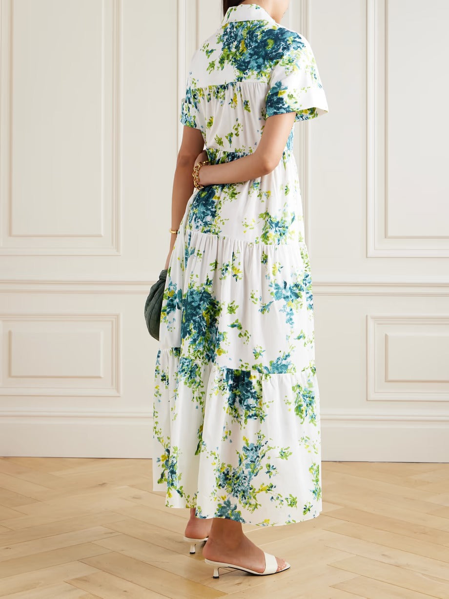 Elegant White & Green Floral Tiered Maxi Shirt Dress