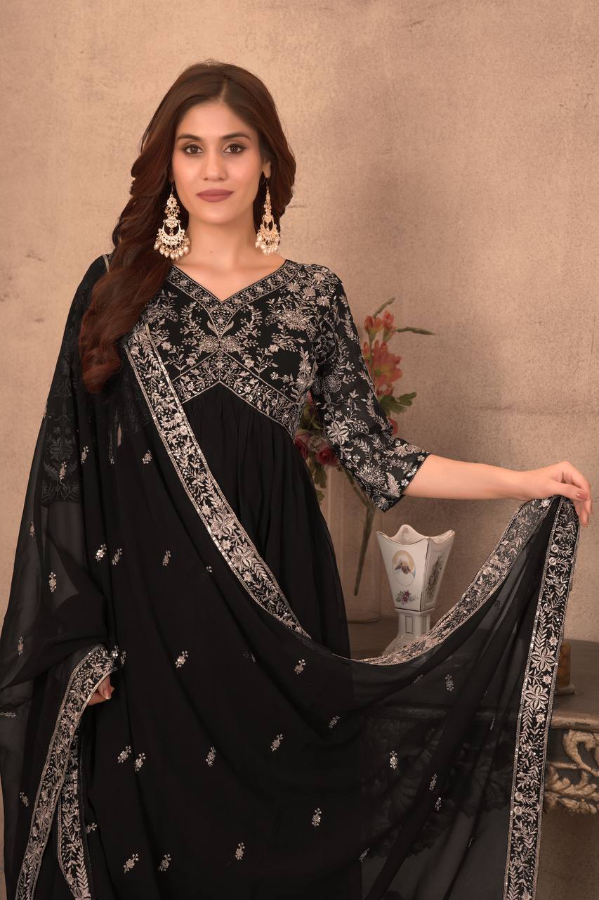 Black Embroidered Georgette Gown Set