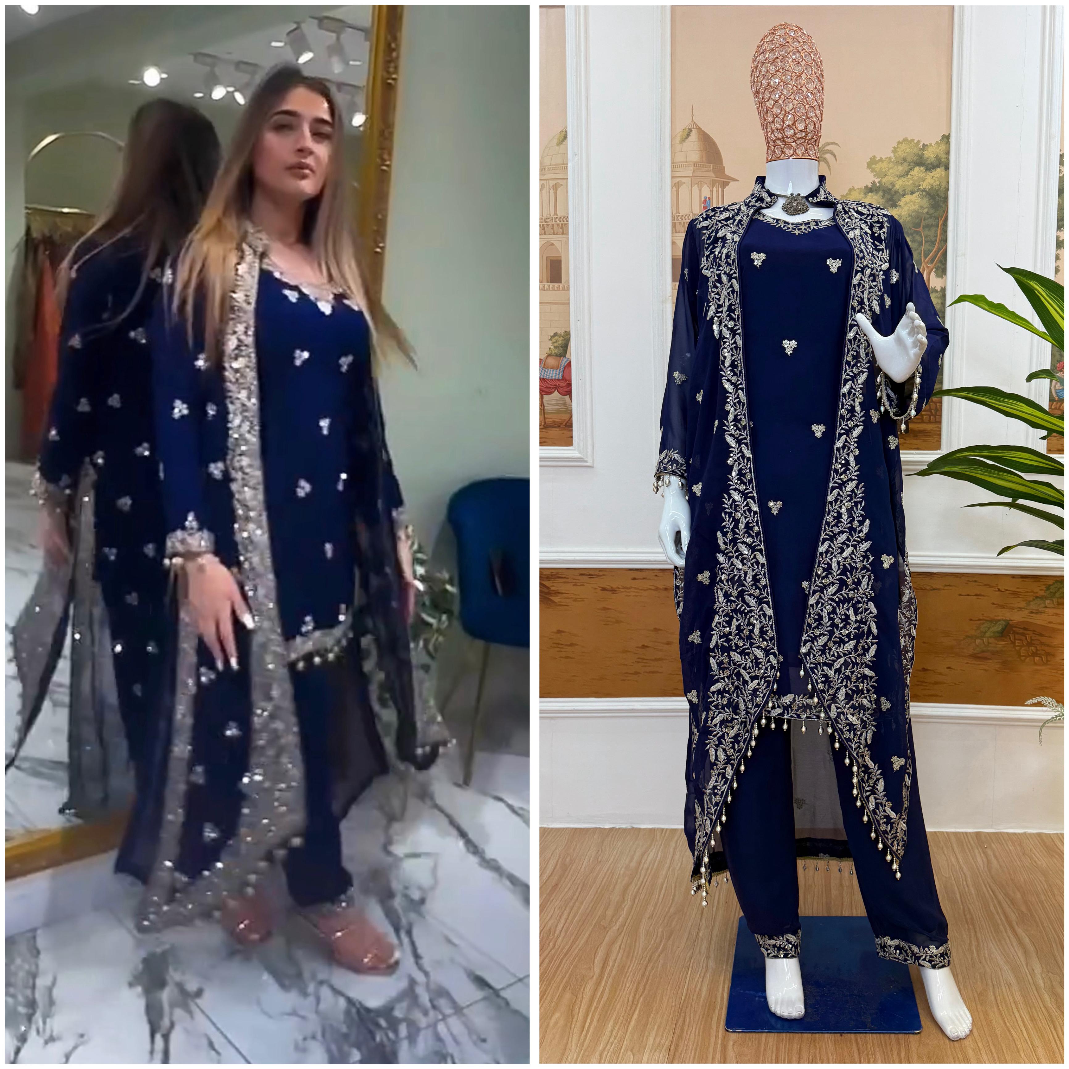 Embroidered Faux Georgette 3-Piece Kurti, Koti & Pant Set for Women (ST-1151_1250)