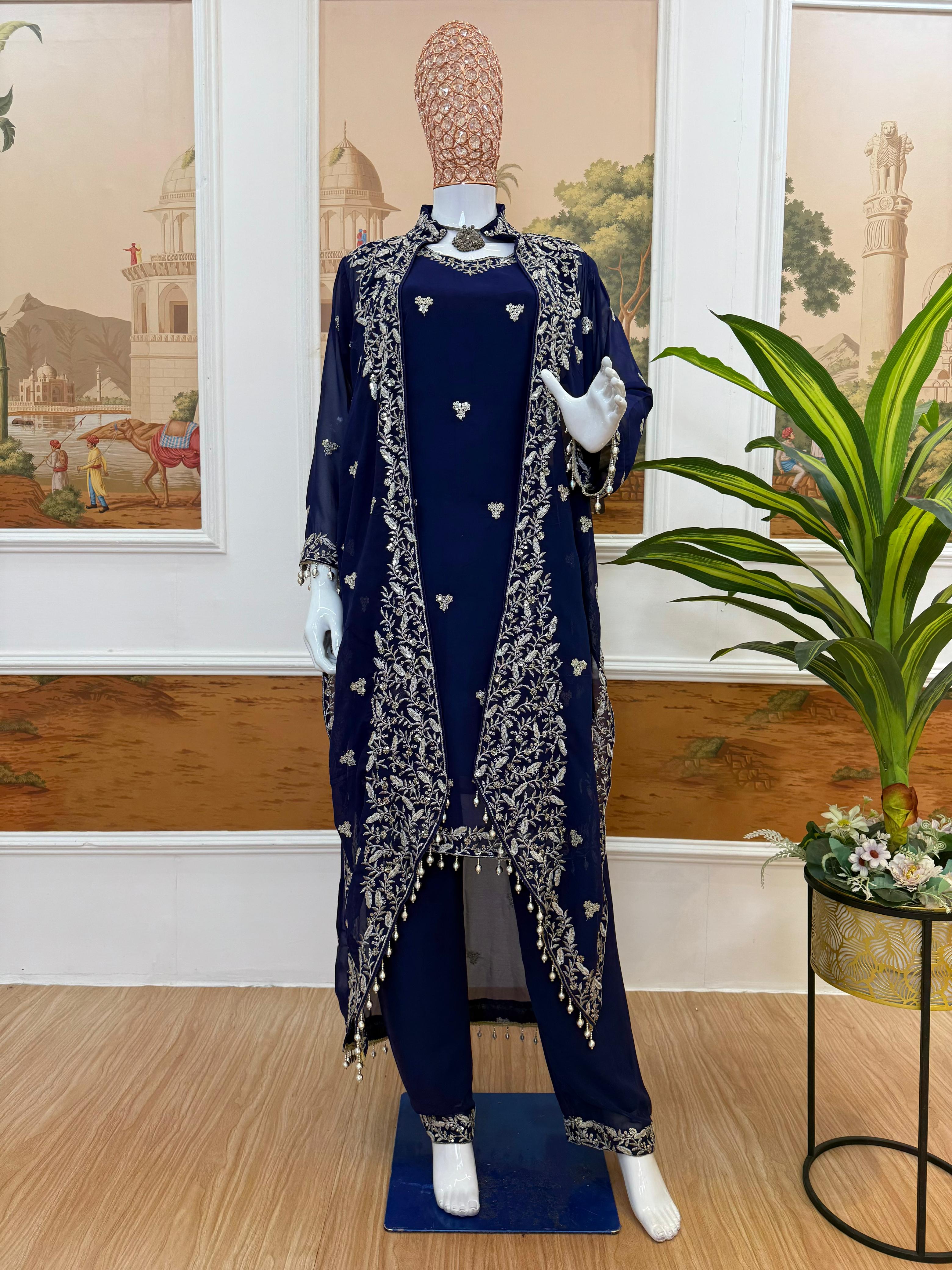 Embroidered Faux Georgette 3-Piece Kurti, Koti & Pant Set for Women (ST-1151_1250)