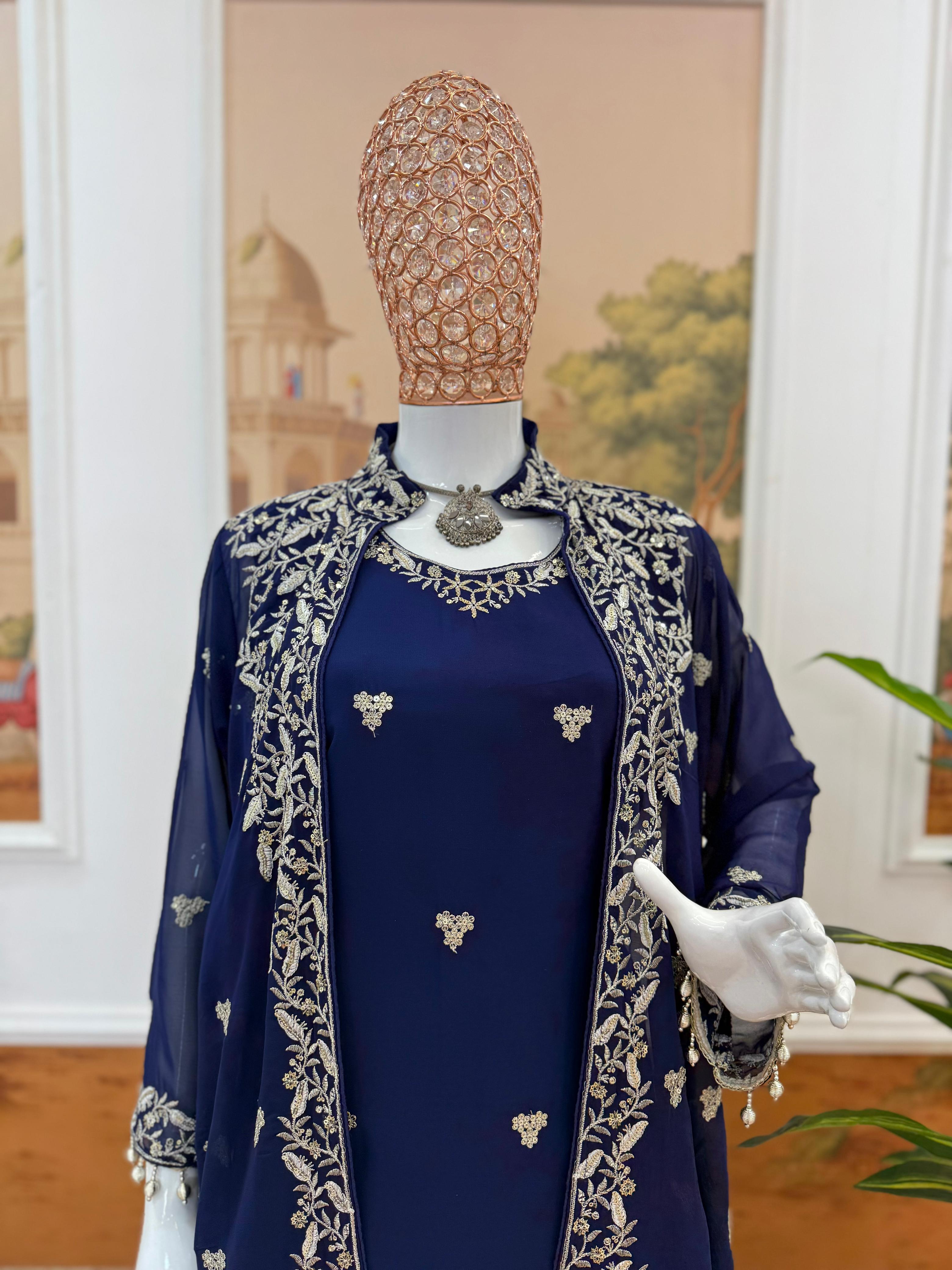 Embroidered Faux Georgette 3-Piece Kurti, Koti & Pant Set for Women (ST-1151_1250)