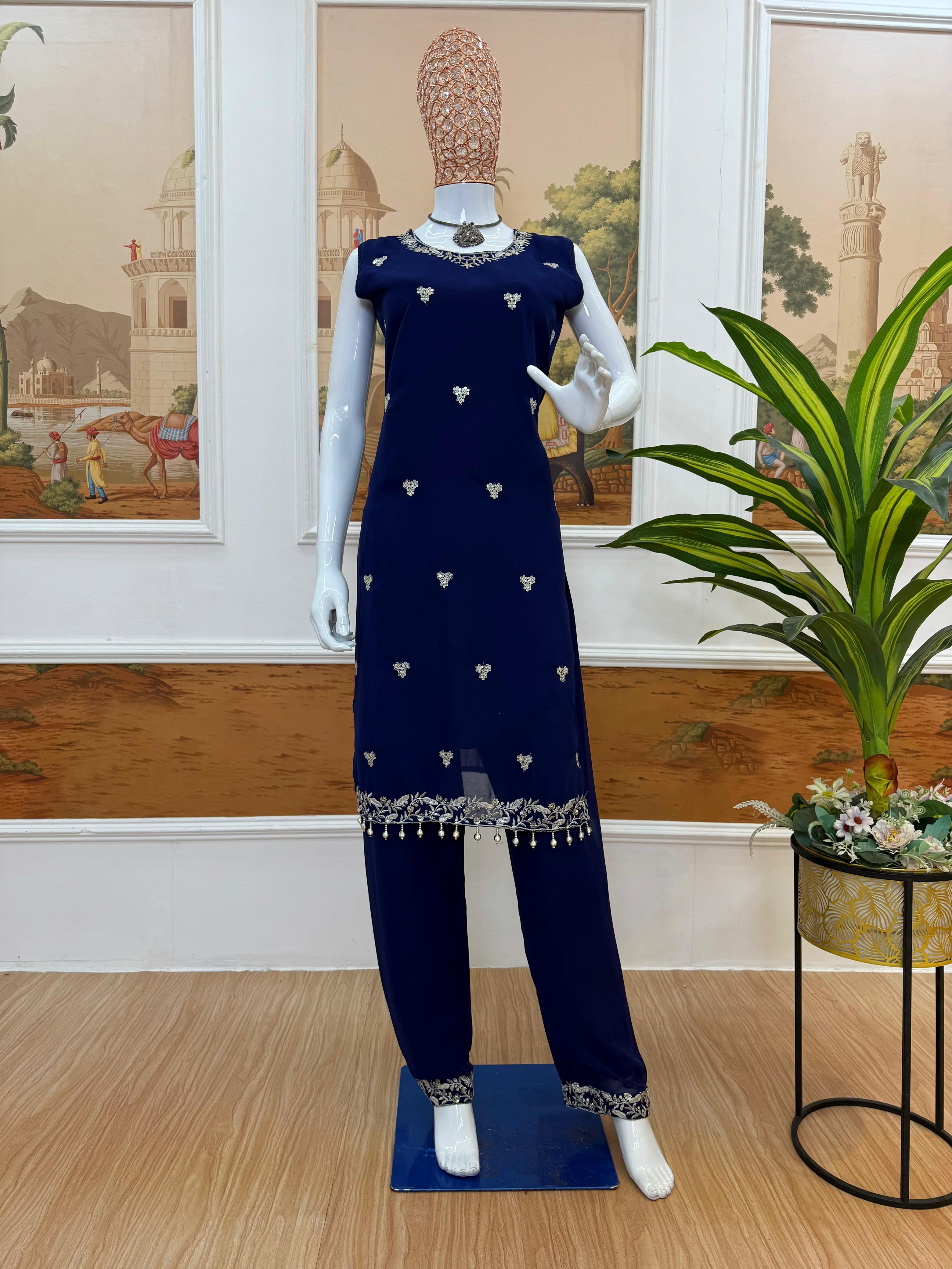 Embroidered Faux Georgette 3-Piece Kurti, Koti & Pant Set for Women (ST-1151_1250)
