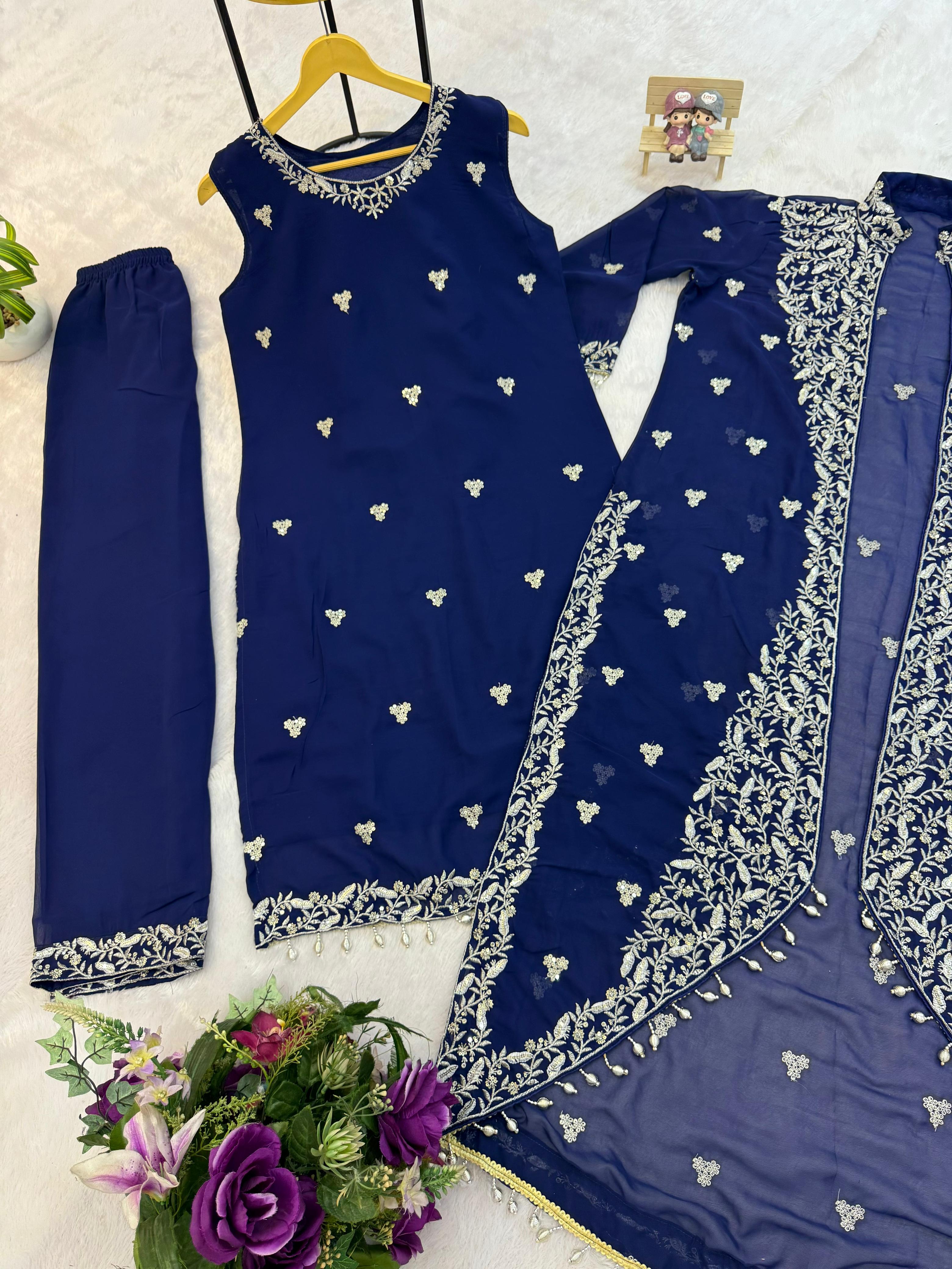 Embroidered Faux Georgette 3-Piece Kurti, Koti & Pant Set for Women (ST-1151_1250)