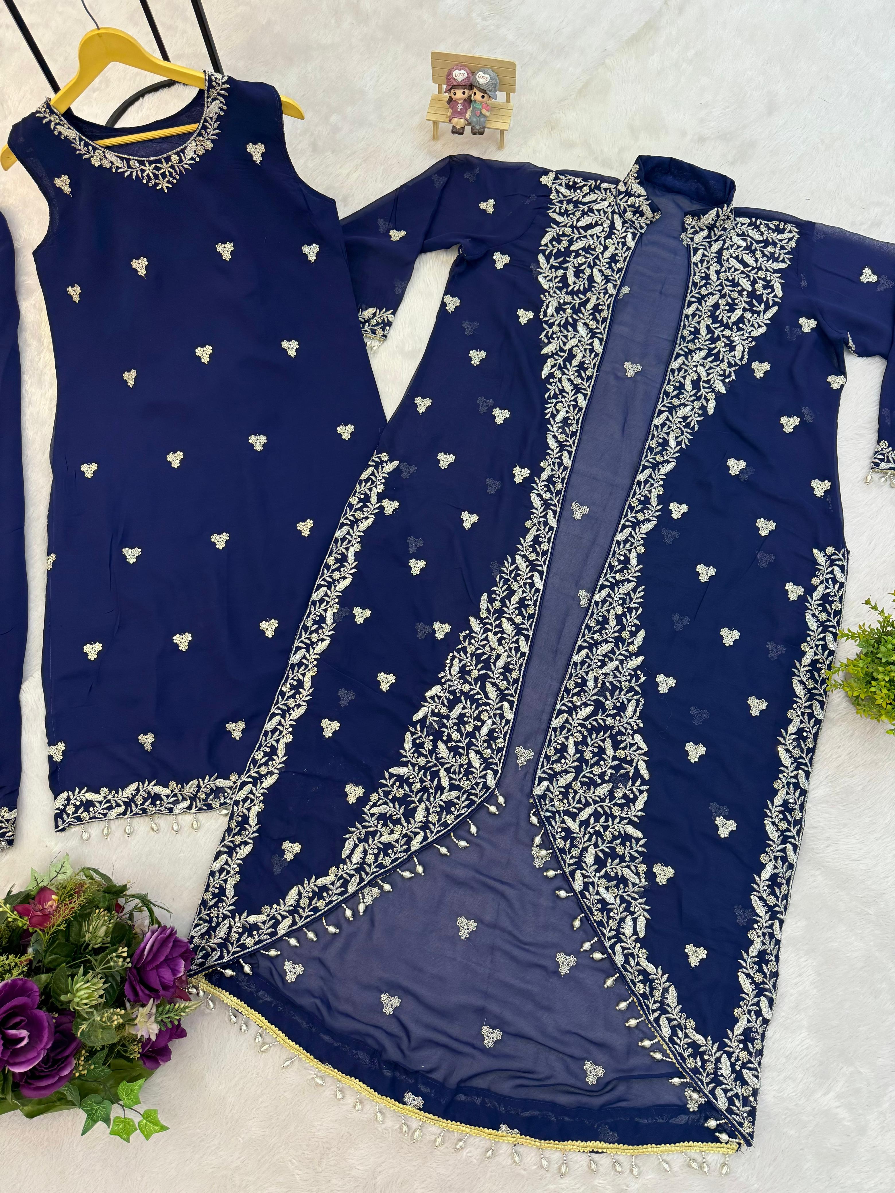 Embroidered Faux Georgette 3-Piece Kurti, Koti & Pant Set for Women (ST-1151_1250)