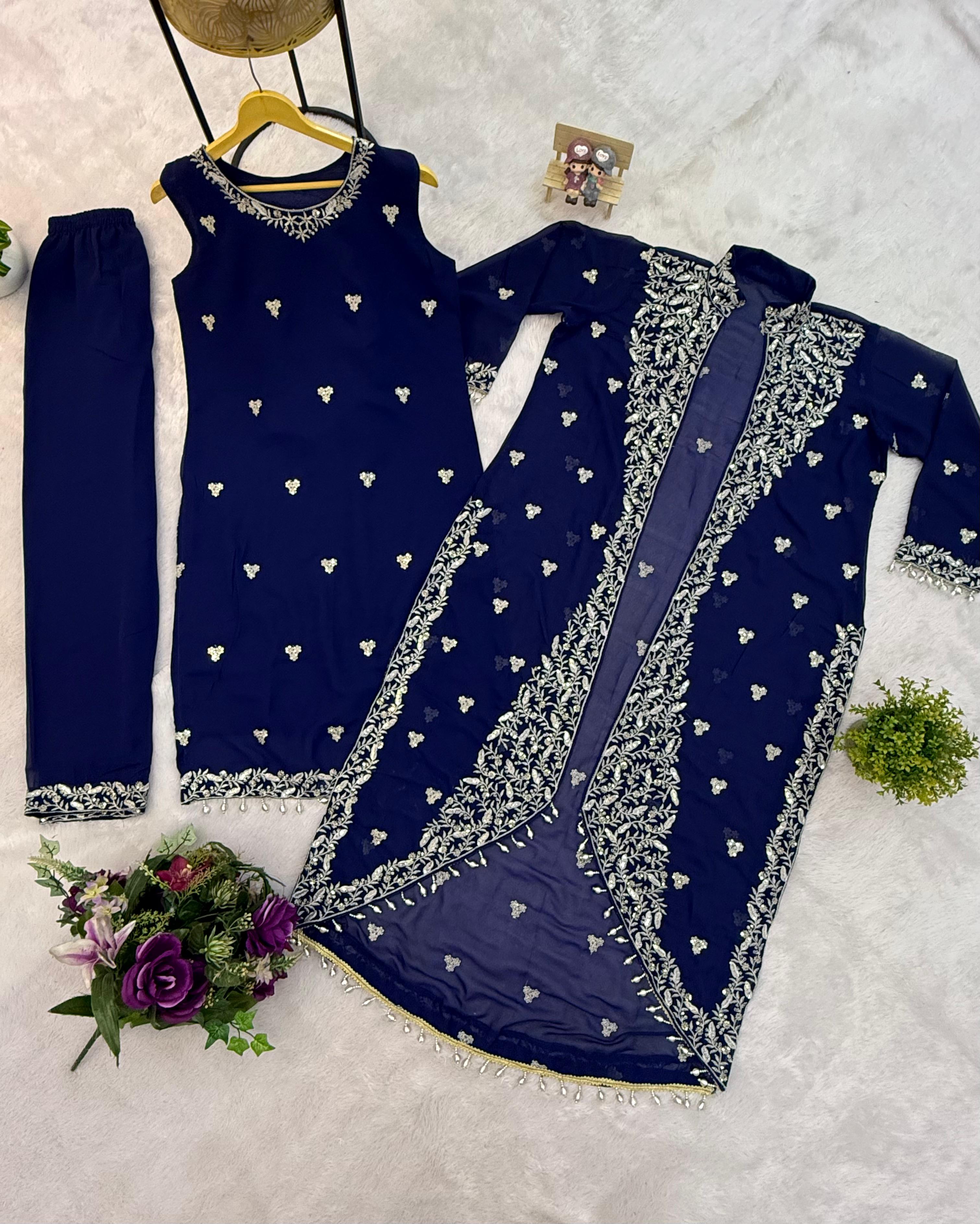Embroidered Faux Georgette 3-Piece Kurti, Koti & Pant Set for Women (ST-1151_1250)