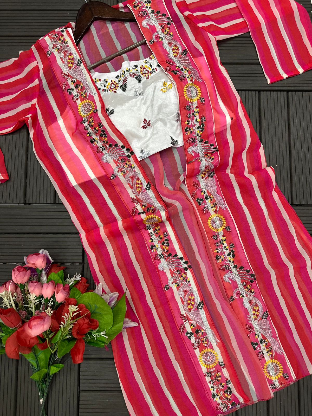 Women’s Party Wear Chinon Palazzo Set with Georgette Digital Print Shrug & Embroidered Blouse (HB-156_999)