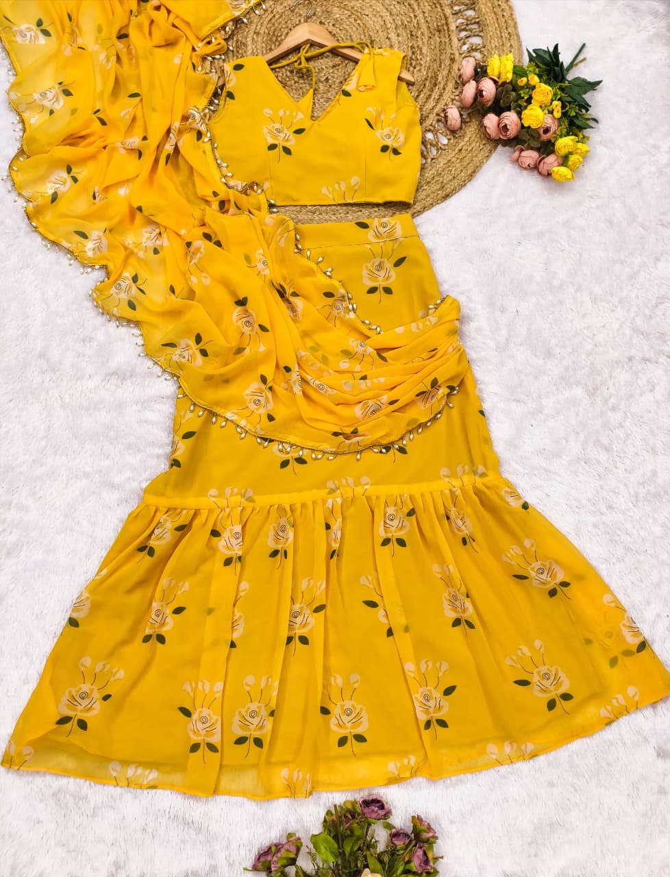 Trendy Soft Georgette Digital Print Lahenga Saree with Stitched Blouse (HV-9305_1299)
