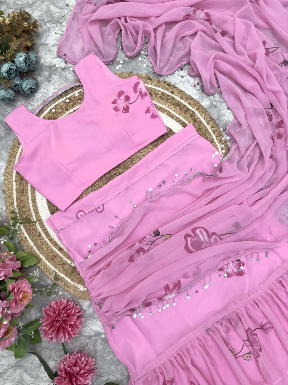 Ready to Wear Faux Georgette Ruffle Lahenga Saree with Digital Print Blouse (HV-9238_1199)