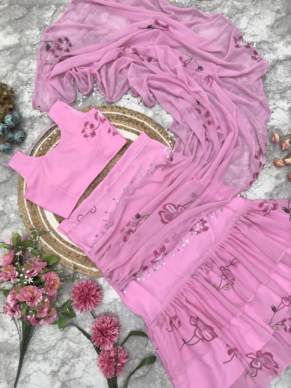 Ready to Wear Faux Georgette Ruffle Lahenga Saree with Digital Print Blouse (HV-9238_1199)