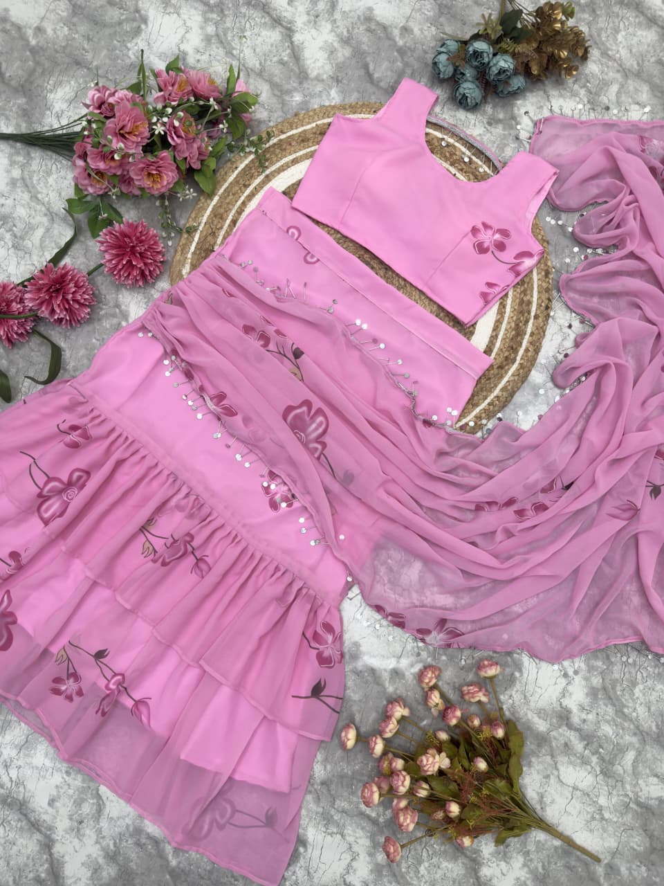 Ready to Wear Faux Georgette Ruffle Lahenga Saree with Digital Print Blouse (HV-9238_1199)