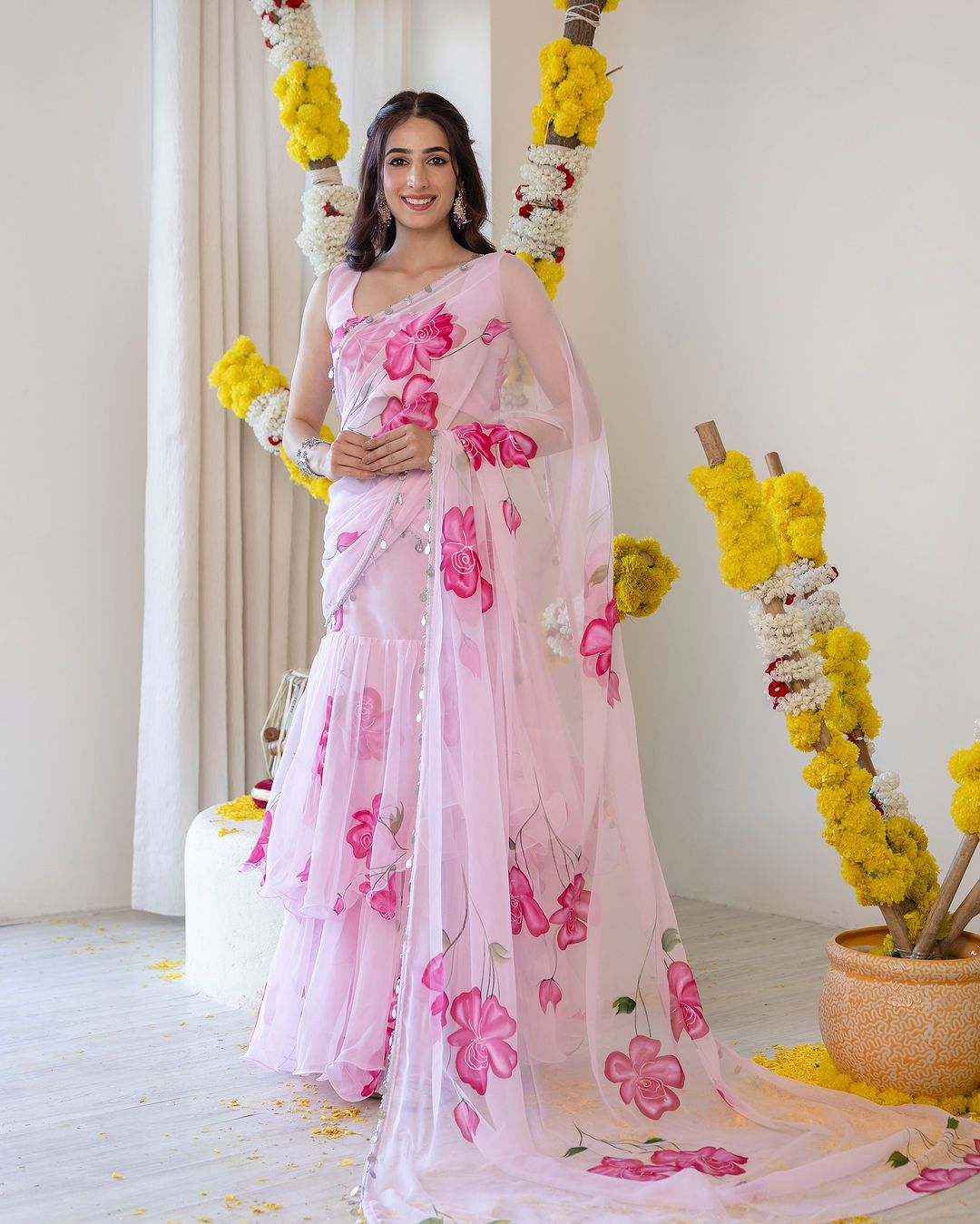 Ready to Wear Faux Georgette Ruffle Lahenga Saree with Digital Print Blouse (HV-9238_1199)