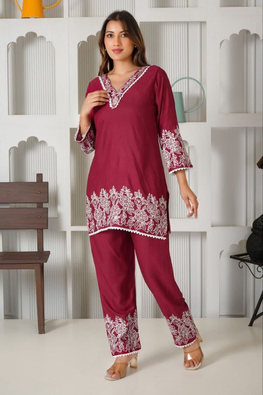Tesla Cotton Slub Embroidered Kurti Set with Bottom – Free Shipping(SI-322 _550)