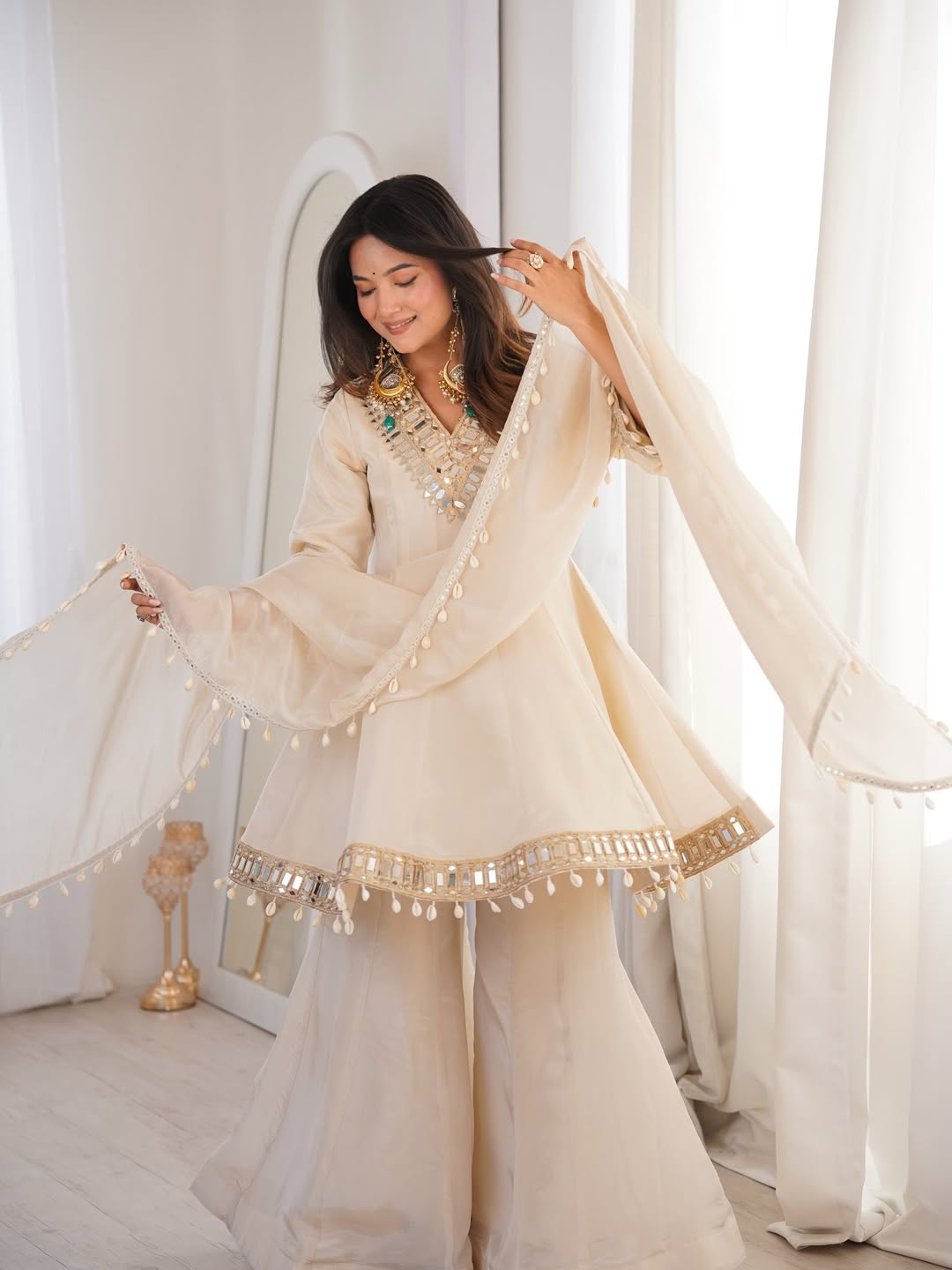 Premium Chinon Mirror Work Palazzo Set with Kodi Lace Dupatta for Women | Festive & Wedding Wear | Free Shipping | TIGIQ