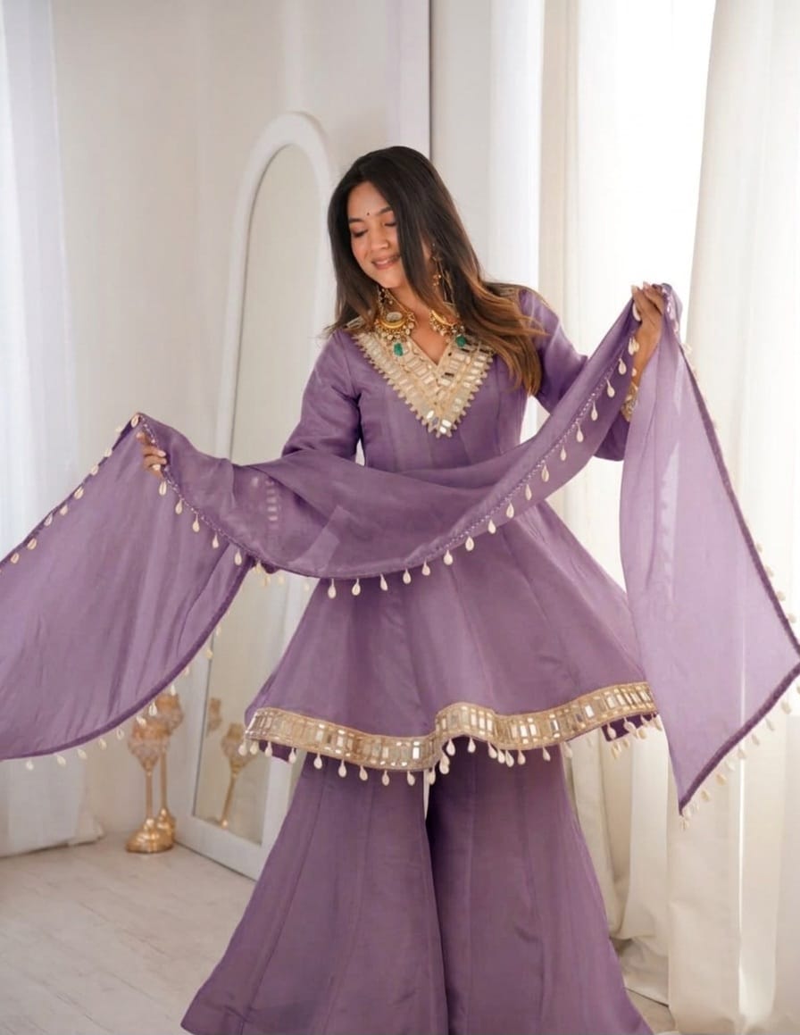 Premium Chinon Mirror Work Palazzo Set with Kodi Lace Dupatta for Women | Festive & Wedding Wear | Free Shipping | TIGIQ