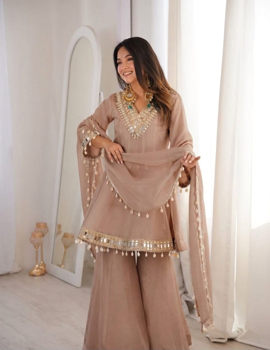 Premium Chinon Mirror Work Palazzo Set with Kodi Lace Dupatta for Women | Festive & Wedding Wear | Free Shipping | TIGIQ
