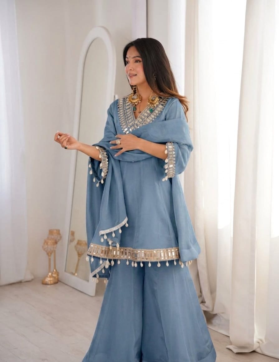 Premium Chinon Mirror Work Palazzo Set with Kodi Lace Dupatta for Women | Festive & Wedding Wear | Free Shipping | TIGIQ