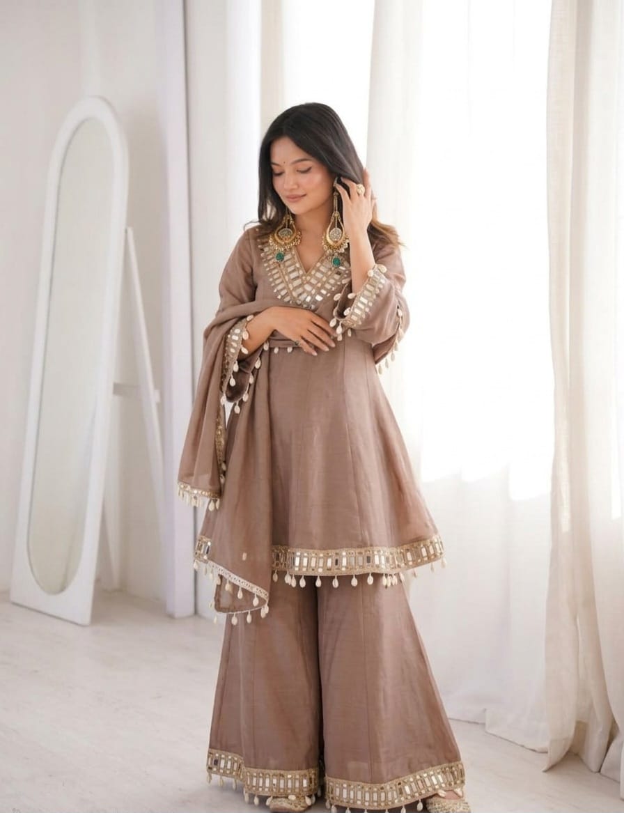 Premium Chinon Mirror Work Palazzo Set with Kodi Lace Dupatta for Women | Festive & Wedding Wear | Free Shipping | TIGIQ