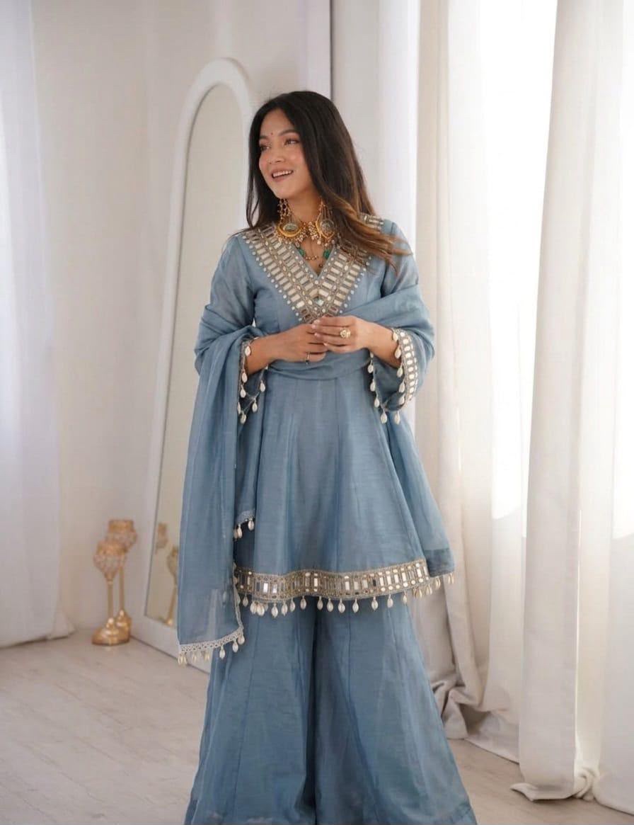 Premium Chinon Mirror Work Palazzo Set with Kodi Lace Dupatta for Women | Festive & Wedding Wear | Free Shipping | TIGIQ