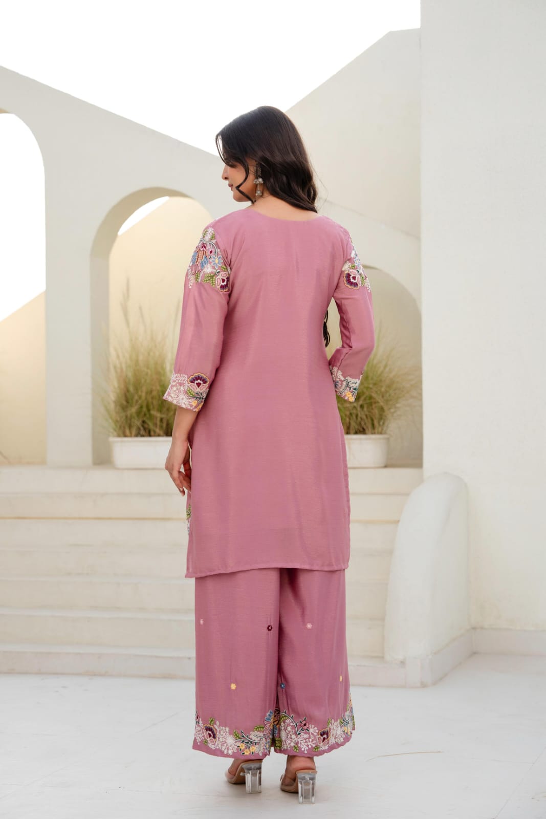 Premium Chinon Embroidered Kurti Palazzo Set with Dupatta for Women | Zardosi Hand Work | Ready to Wear | TIGIQ