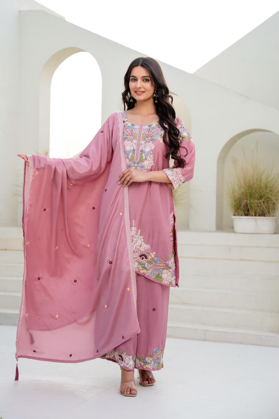 Premium Chinon Embroidered Kurti Palazzo Set with Dupatta for Women | Zardosi Hand Work | Ready to Wear | TIGIQ