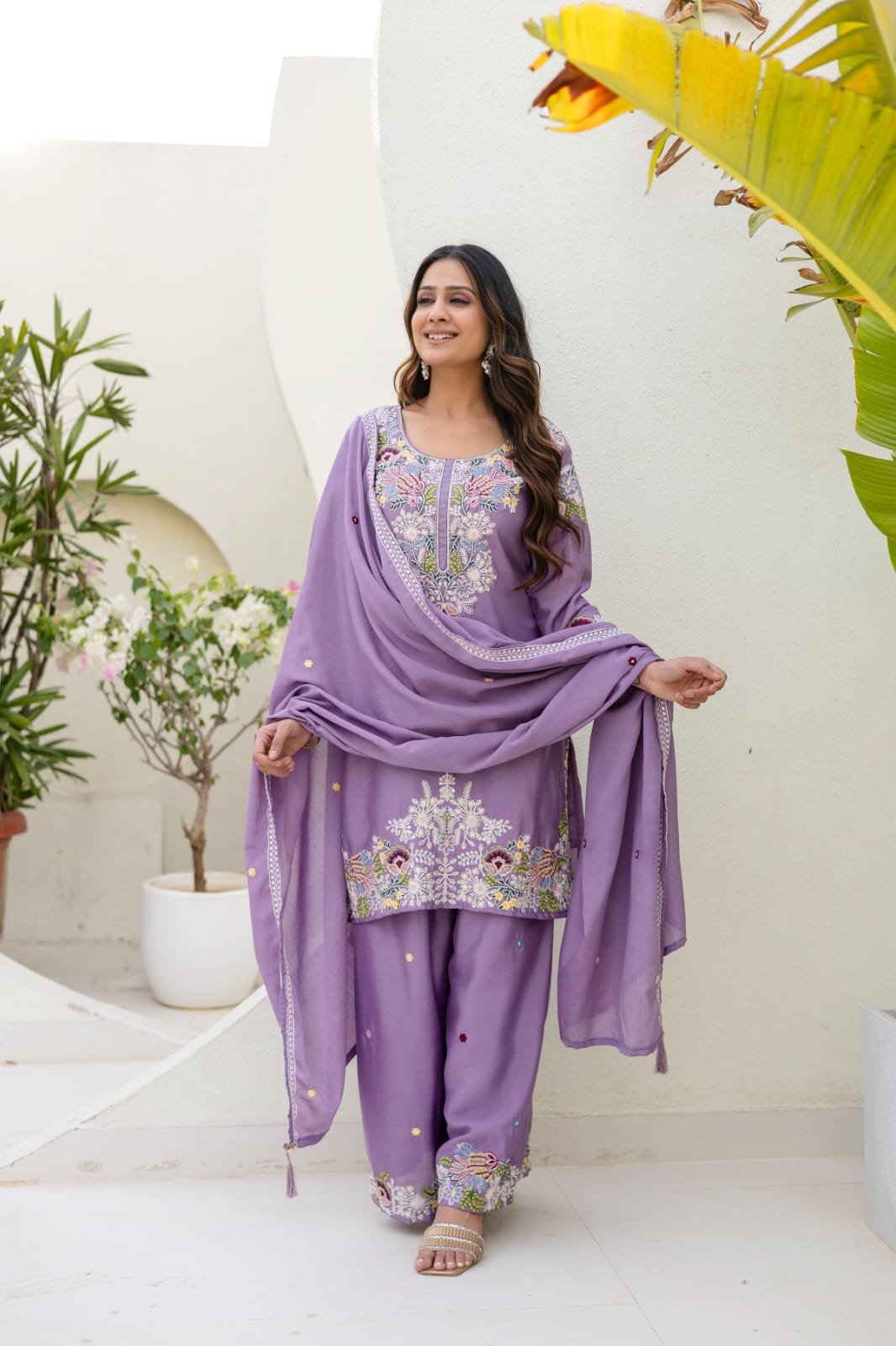 Premium Chinon Embroidered Kurti Palazzo Set with Dupatta for Women | Zardosi Hand Work | Ready to Wear | TIGIQ