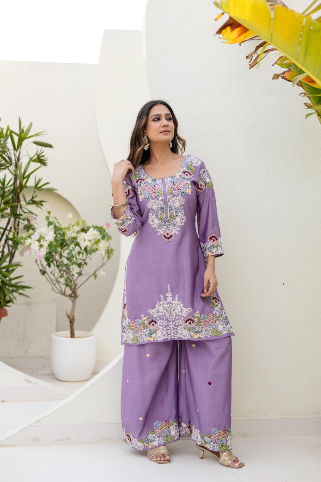 Premium Chinon Embroidered Kurti Palazzo Set with Dupatta for Women | Zardosi Hand Work | Ready to Wear | TIGIQ