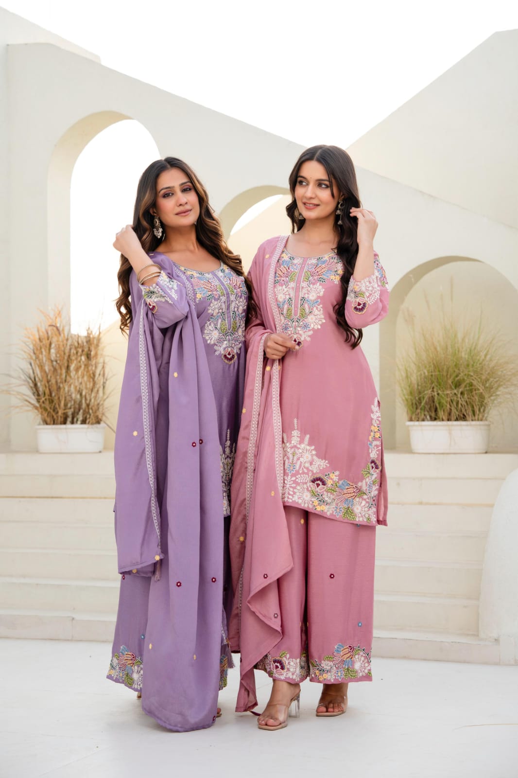 Premium Chinon Embroidered Kurti Palazzo Set with Dupatta for Women | Zardosi Hand Work | Ready to Wear | TIGIQ