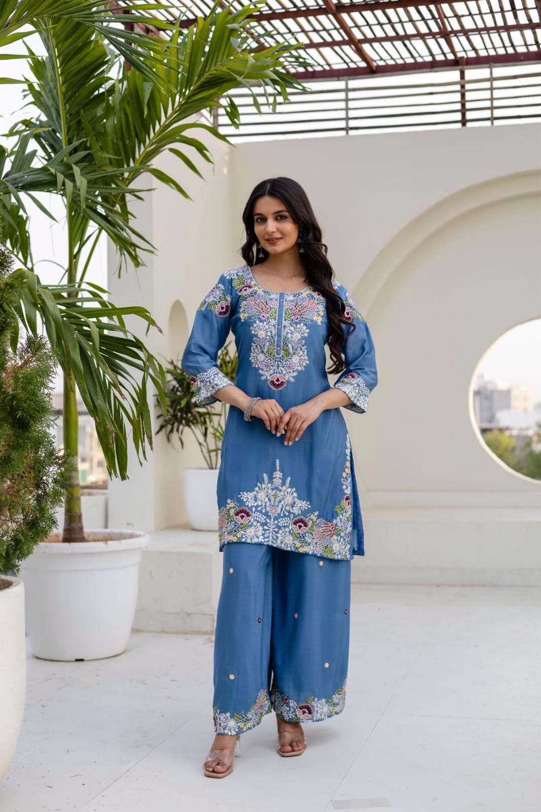Premium Chinon Embroidered Kurti Palazzo Set with Dupatta for Women | Zardosi Hand Work | Ready to Wear | TIGIQ