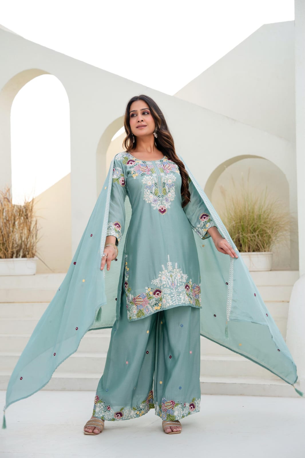 Premium Chinon Embroidered Kurti Palazzo Set with Dupatta for Women | Zardosi Hand Work | Ready to Wear | TIGIQ