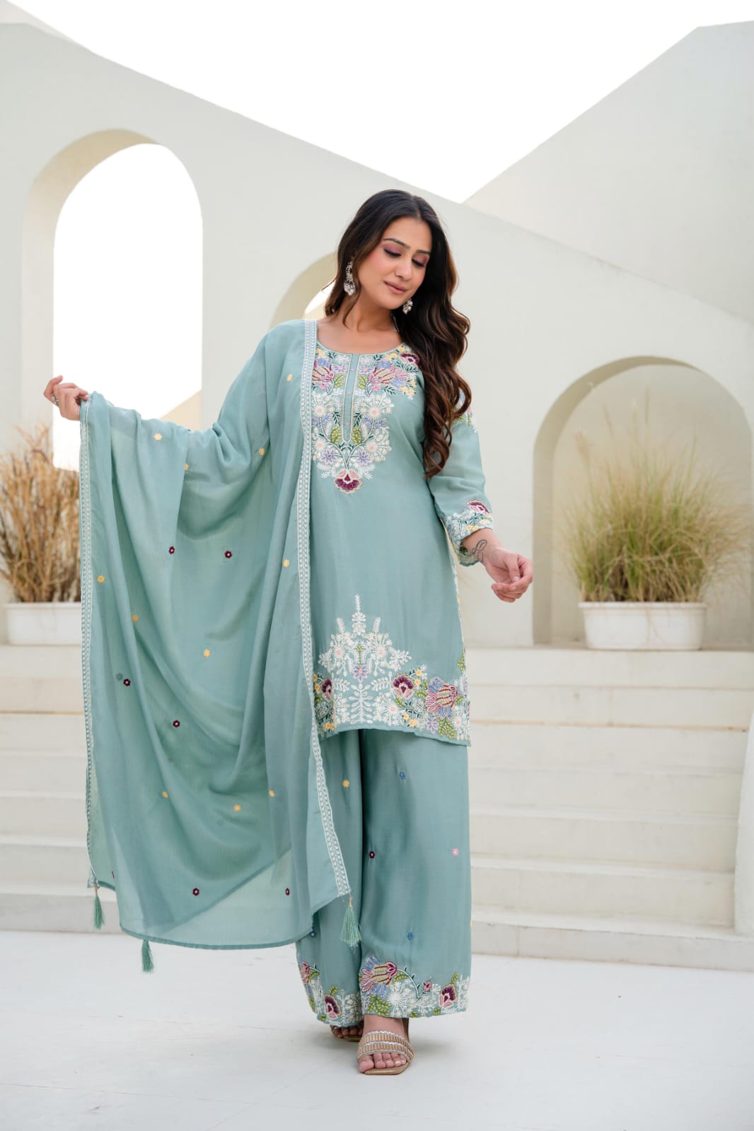 Premium Chinon Embroidered Kurti Palazzo Set with Dupatta for Women | Zardosi Hand Work | Ready to Wear | TIGIQ