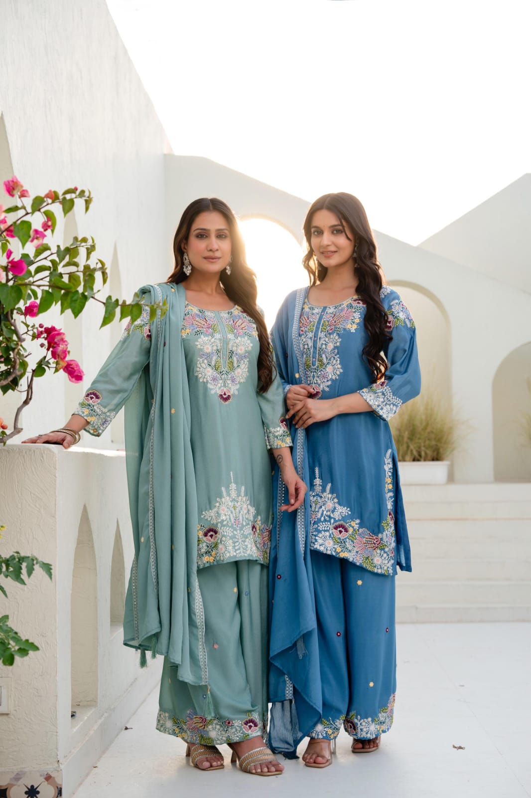 Premium Chinon Embroidered Kurti Palazzo Set with Dupatta for Women | Zardosi Hand Work | Ready to Wear | TIGIQ