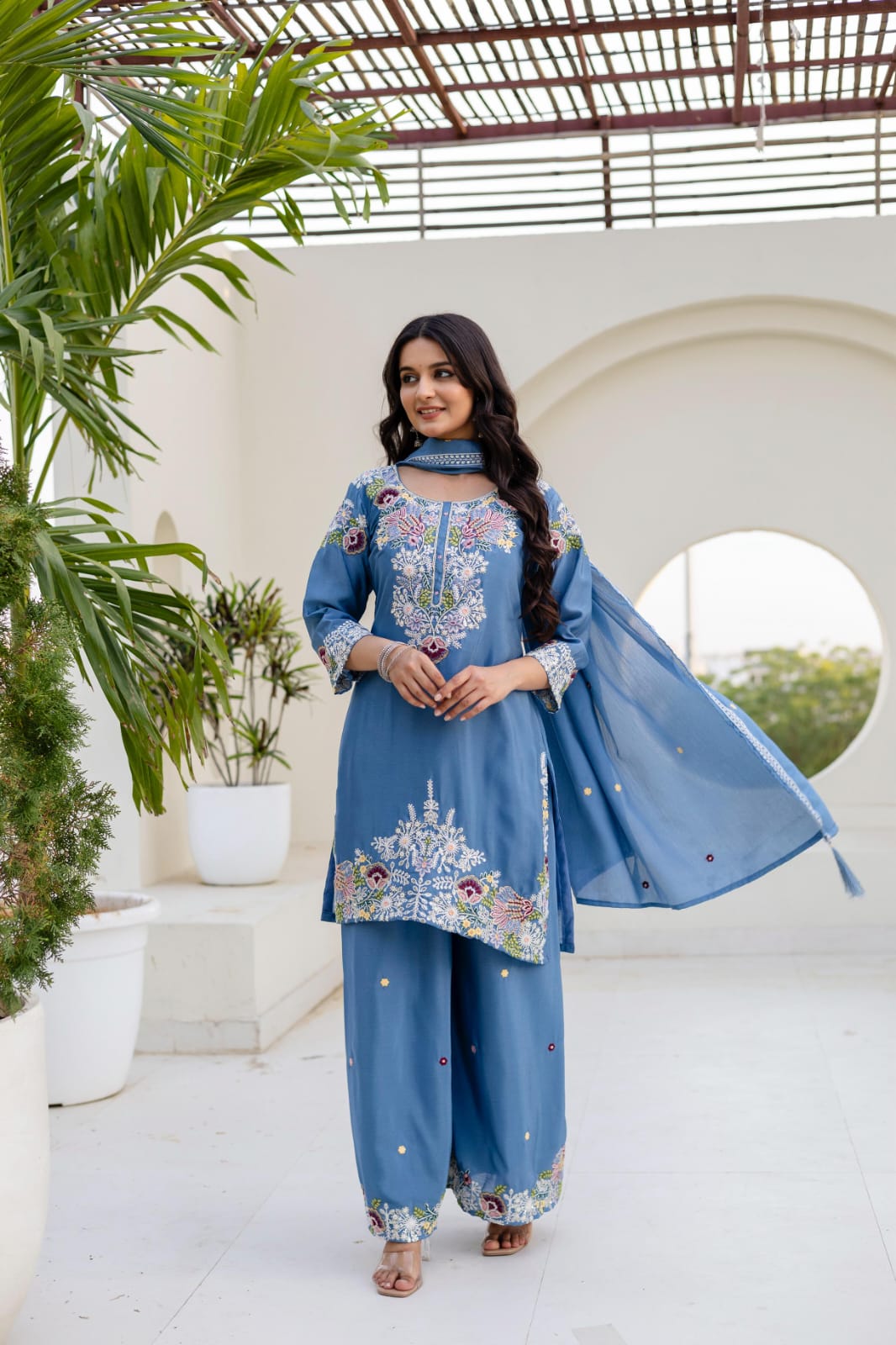 Premium Chinon Embroidered Kurti Palazzo Set with Dupatta for Women | Zardosi Hand Work | Ready to Wear | TIGIQ