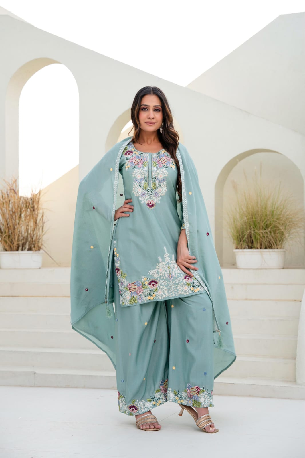 Premium Chinon Embroidered Kurti Palazzo Set with Dupatta for Women | Zardosi Hand Work | Ready to Wear | TIGIQ