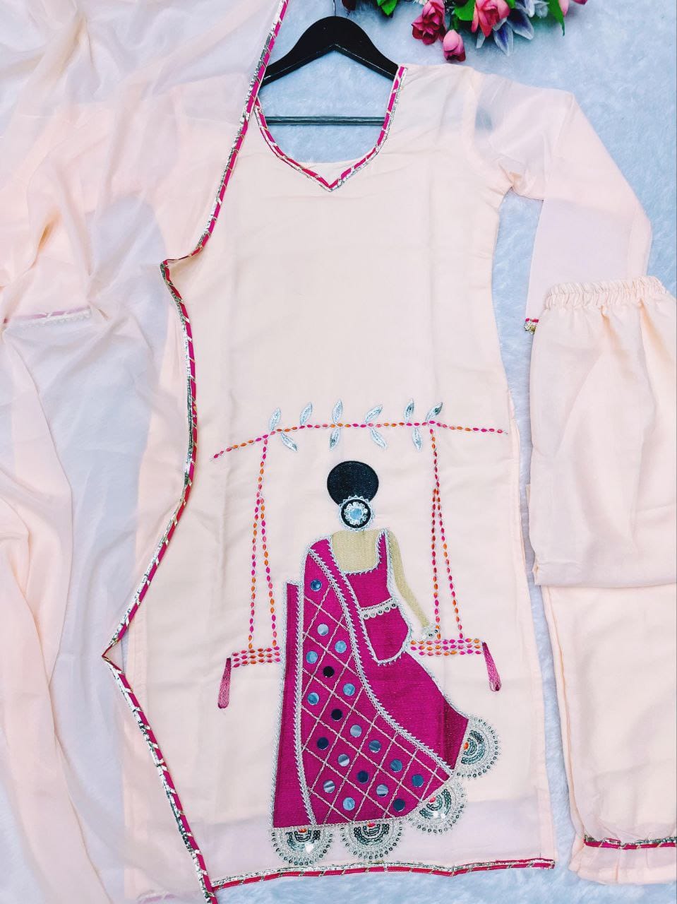 Designer Star Georgette Embroidered Sharara Set with Real Mirror Work | Party & Festive Wear (3 Pc Set)