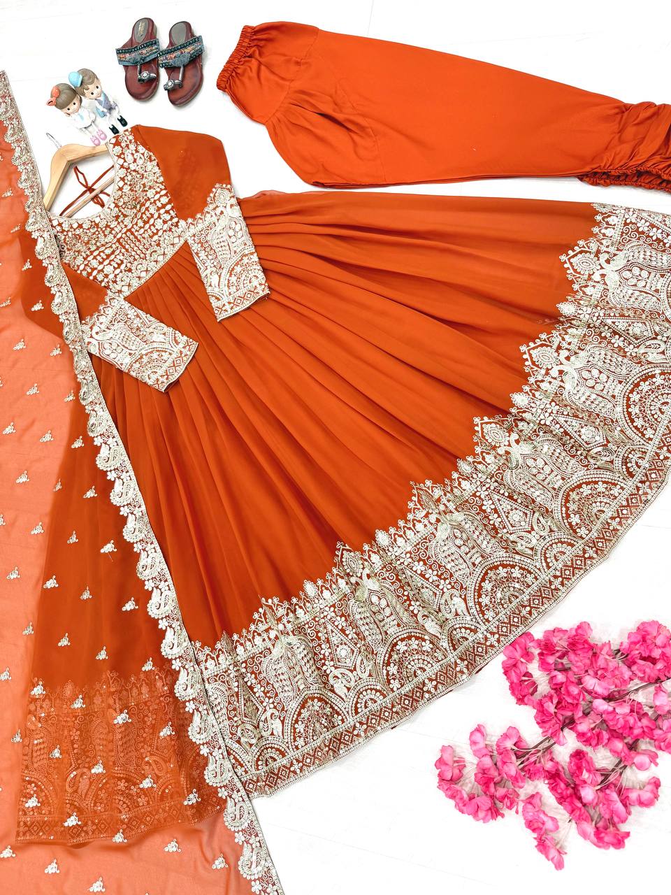 Elegant Party Wear Embroidered Georgette Anarkali Gown Set (Gown, Dupatta & Bottom)