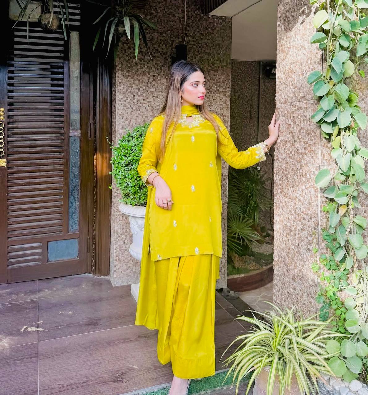 Premium Satin Silk Farshi Set with Heavy Embroidery & Dupatta