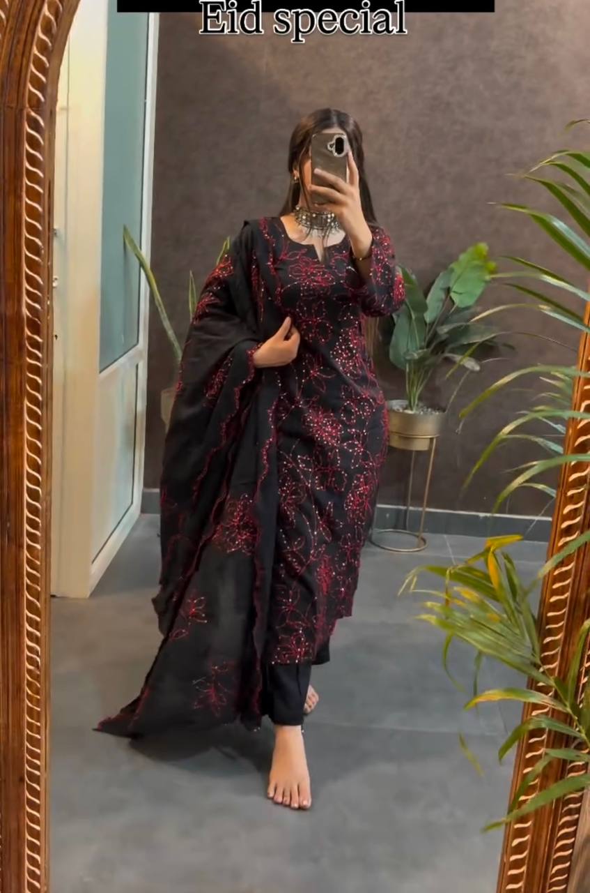 Roman Silk Embroidered Suit with Cutwork Dupatta
