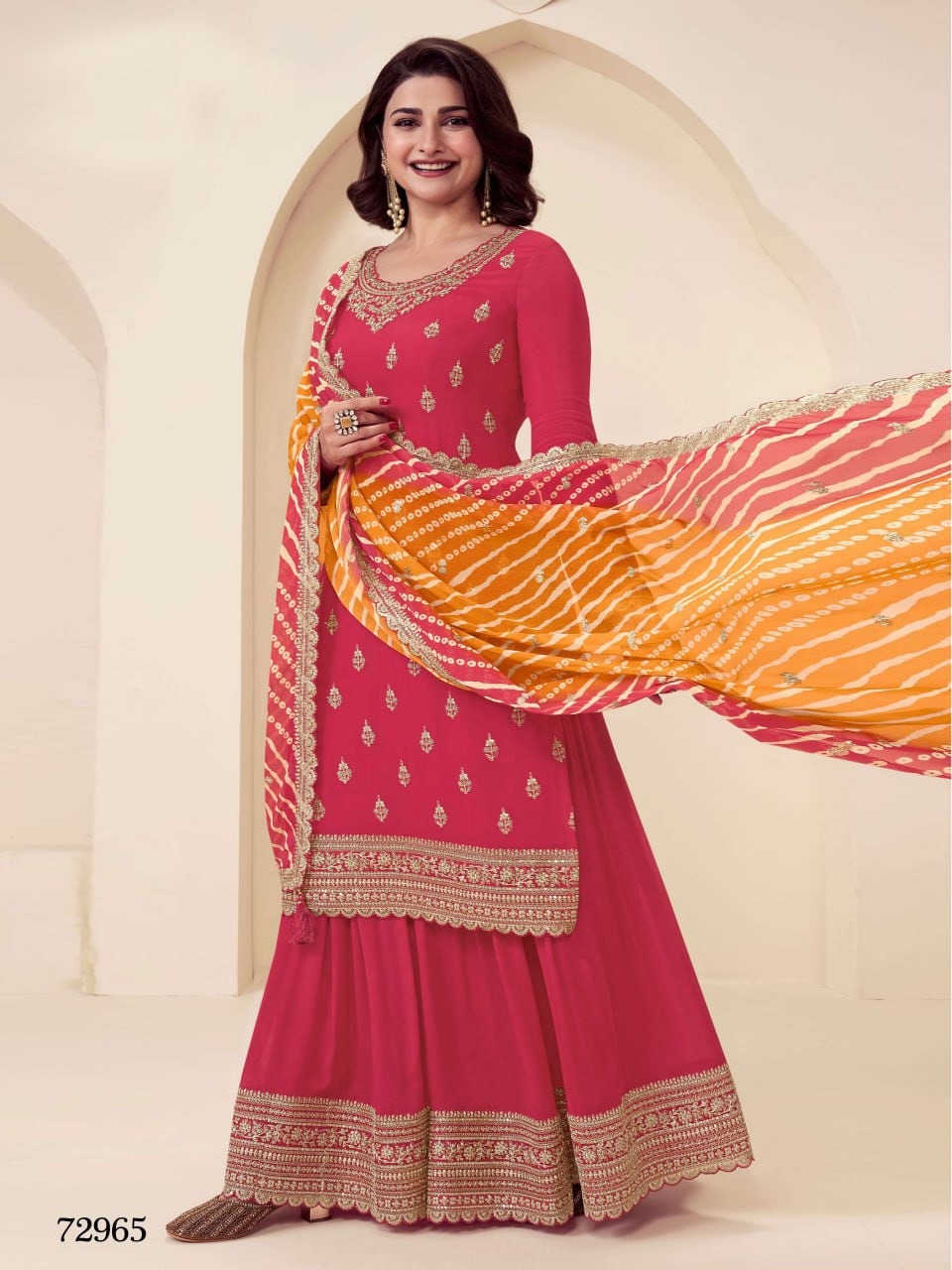 Heavy Chinon Semi-Stitched Embroidered Top &amp; Plazo Set with Dupatta