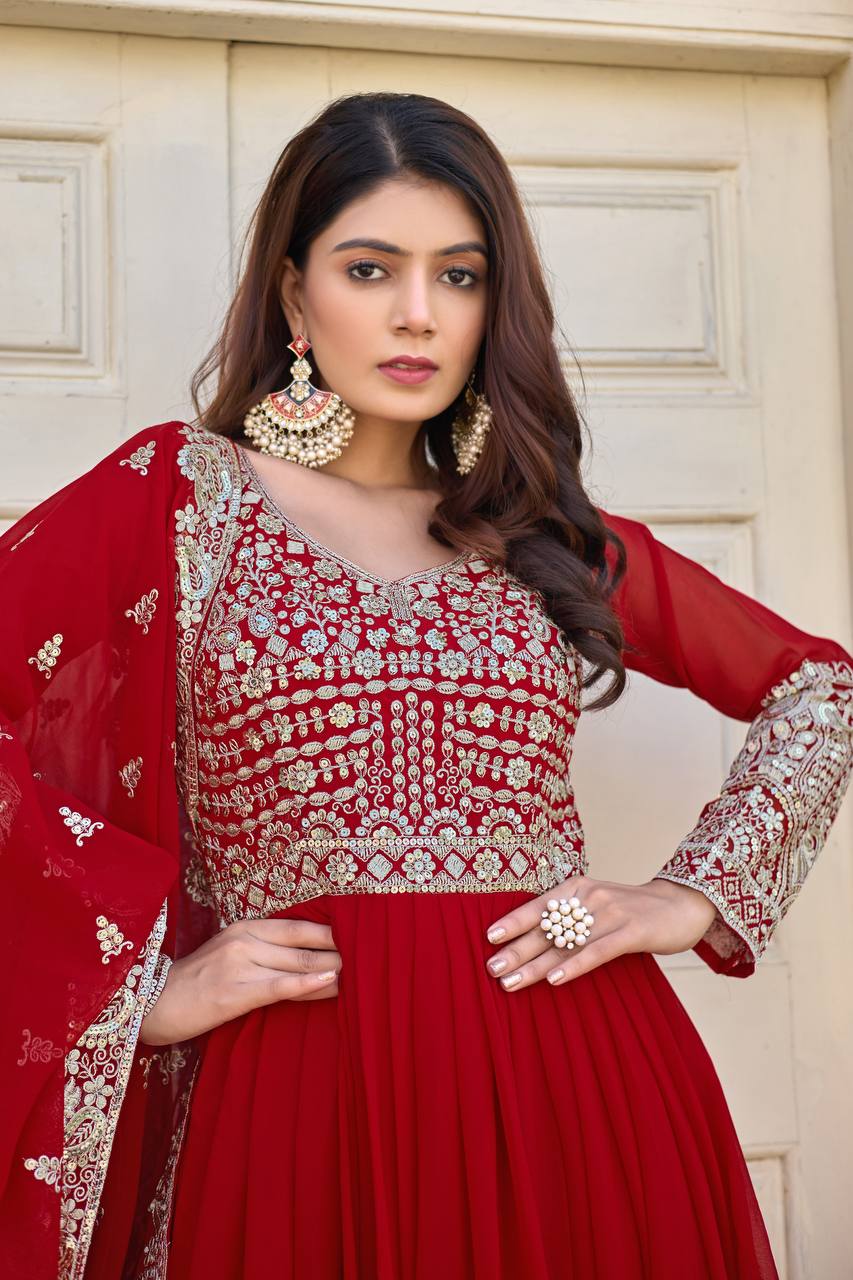 Elegant Party Wear Embroidered Georgette Anarkali Gown Set (Gown, Dupatta & Bottom)