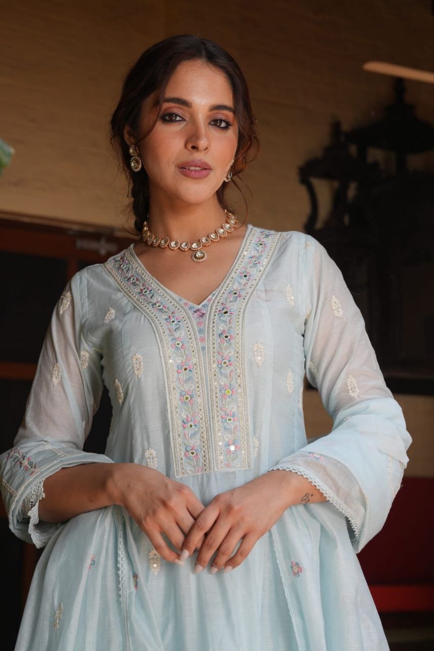 Mul Chanderi Cotton Kurta Plazo Set with Handwork Dupatta