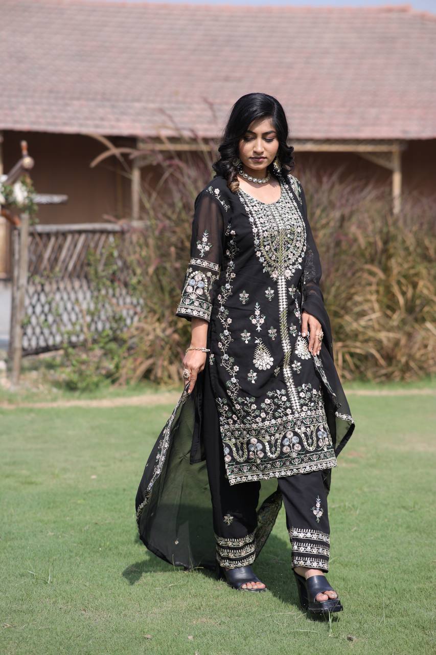 Exclusive Faux Georgette Silk Embroidered Kurti Set with Dupatta | Premium Party & Festive Wear (3 Pc Set)
